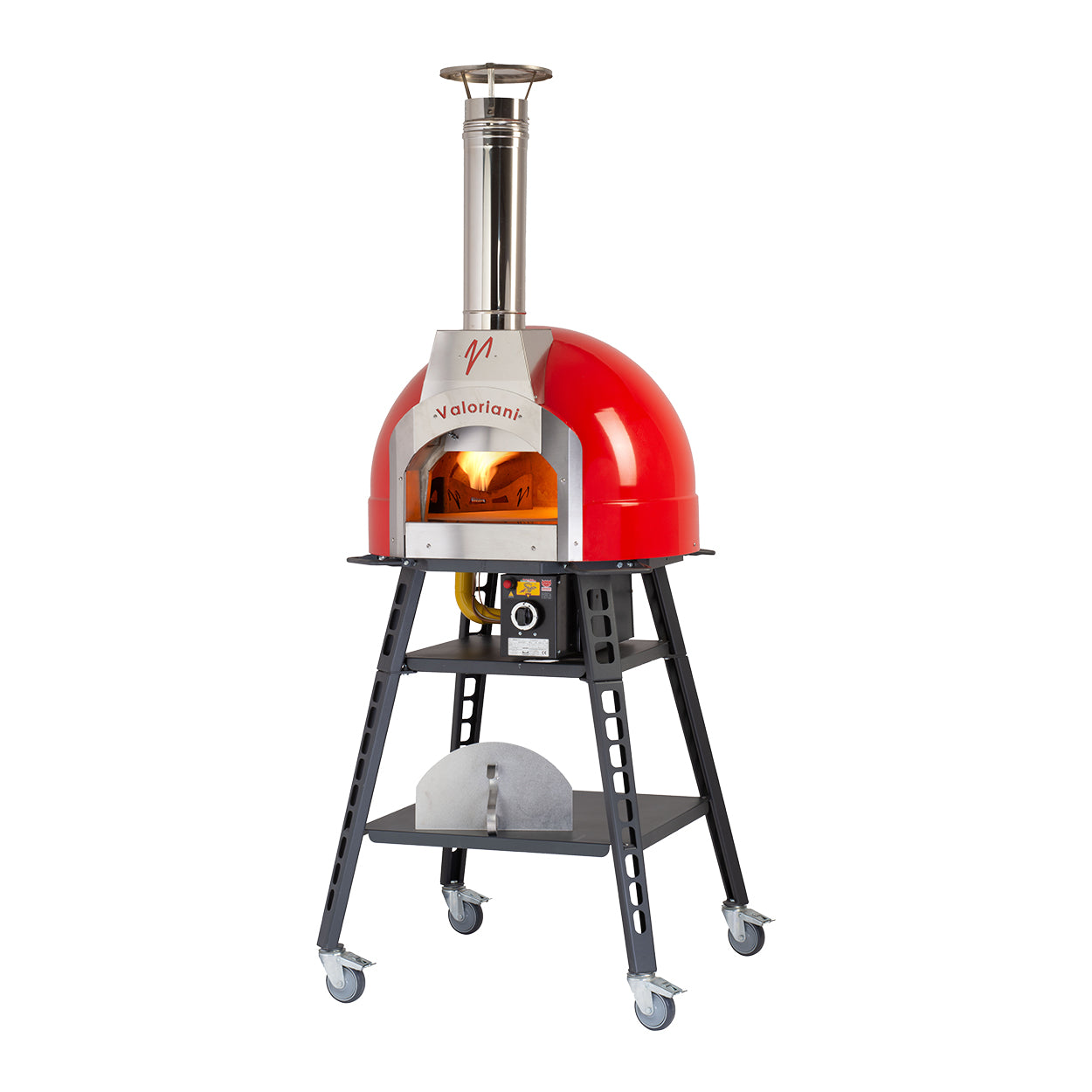 Omcan 48144 - Valoriani Baby 60 Red Metal Dome Wood Fired and Gas Oven with Stand and Casters – 44,358 BTU